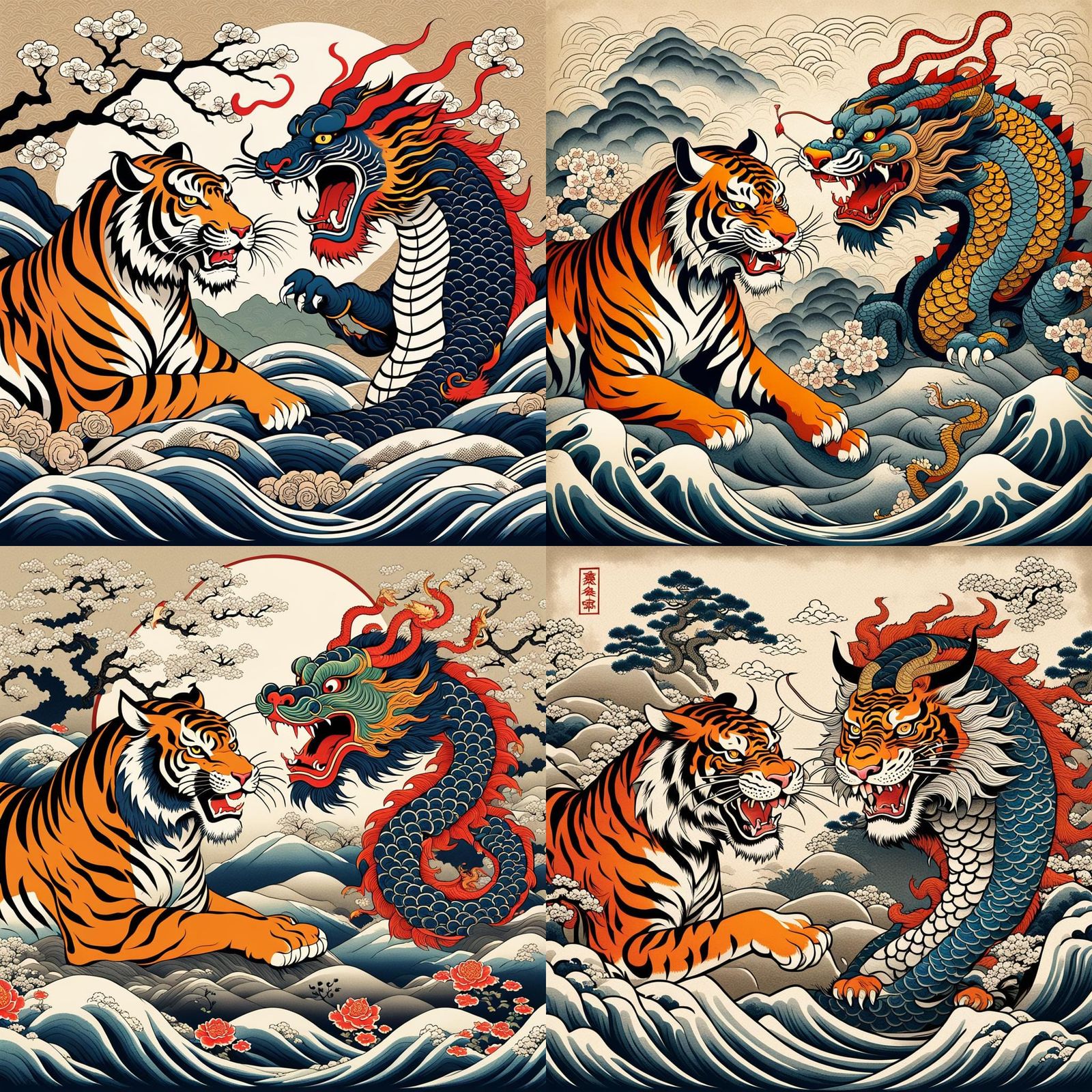 Ukiyo-e style art, a tiger and majestic chinese style dragon,
