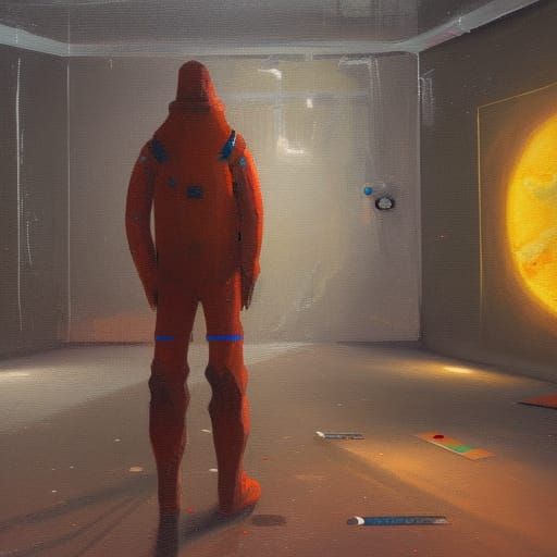 Lonely spaceman in an abandoned museum, painting