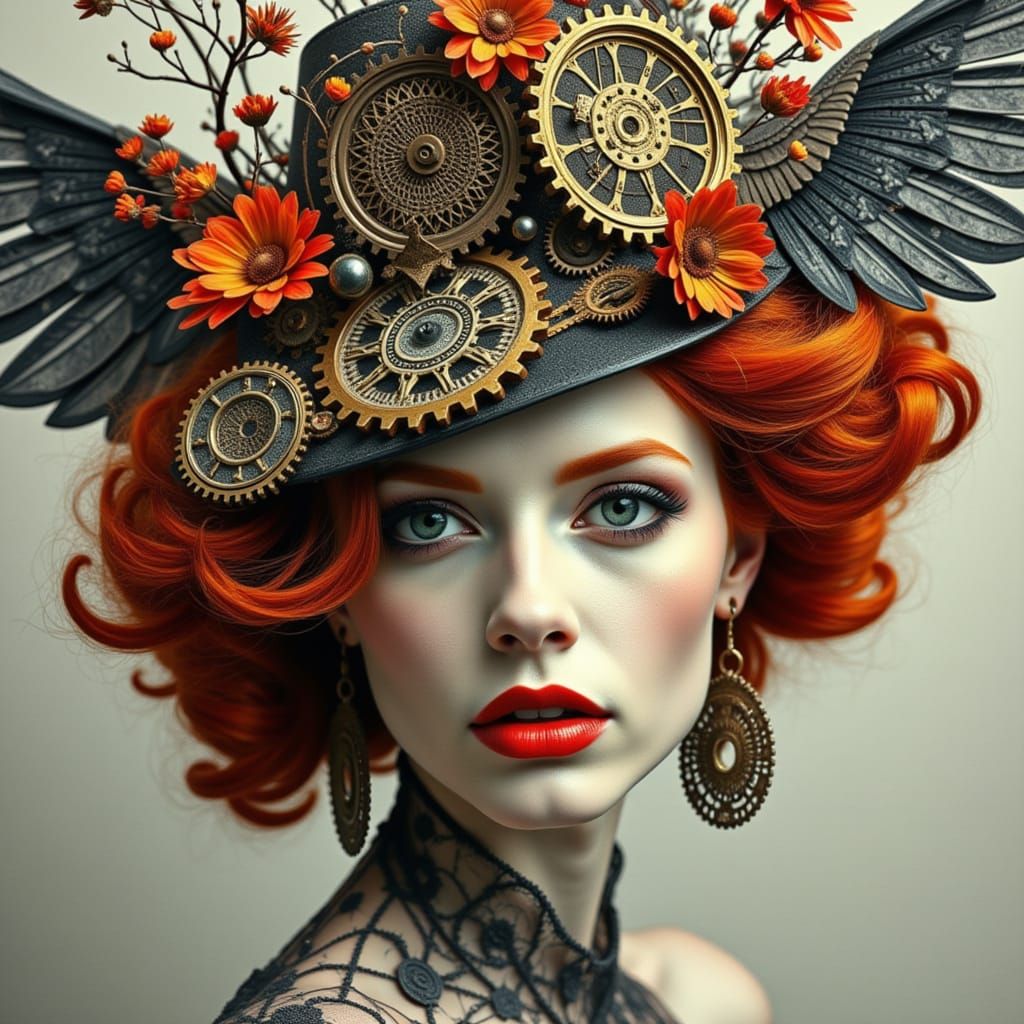 <lora:Ginger Red:1.0> Red headed woman  steampunk   mystical and poetic dreamlike Paul Klee, surreal and celestial, etching & delicate aquat...