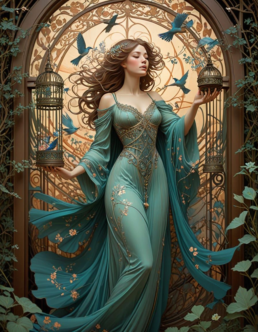 Art Nouveau illustration. Full shot. A woman with flowing hair and a long gown, releasing a flock of ...  by @Malwen