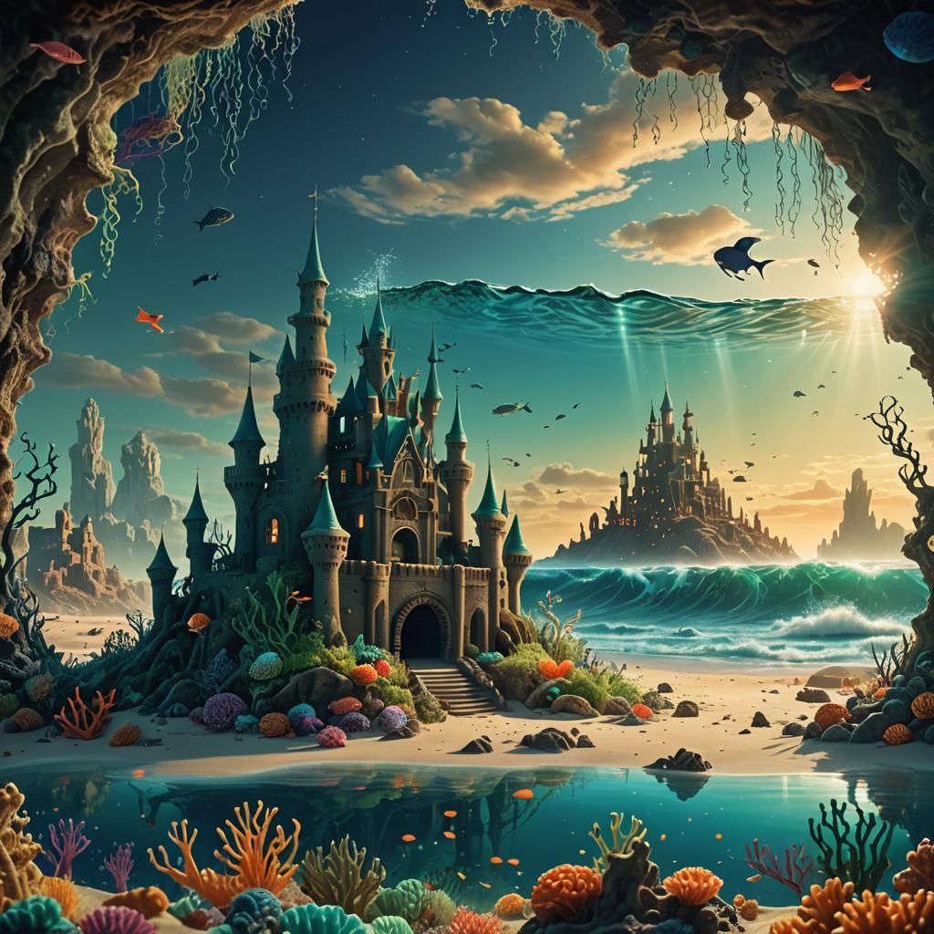 Underwater Sandcastle with Bioluminescent Creatures