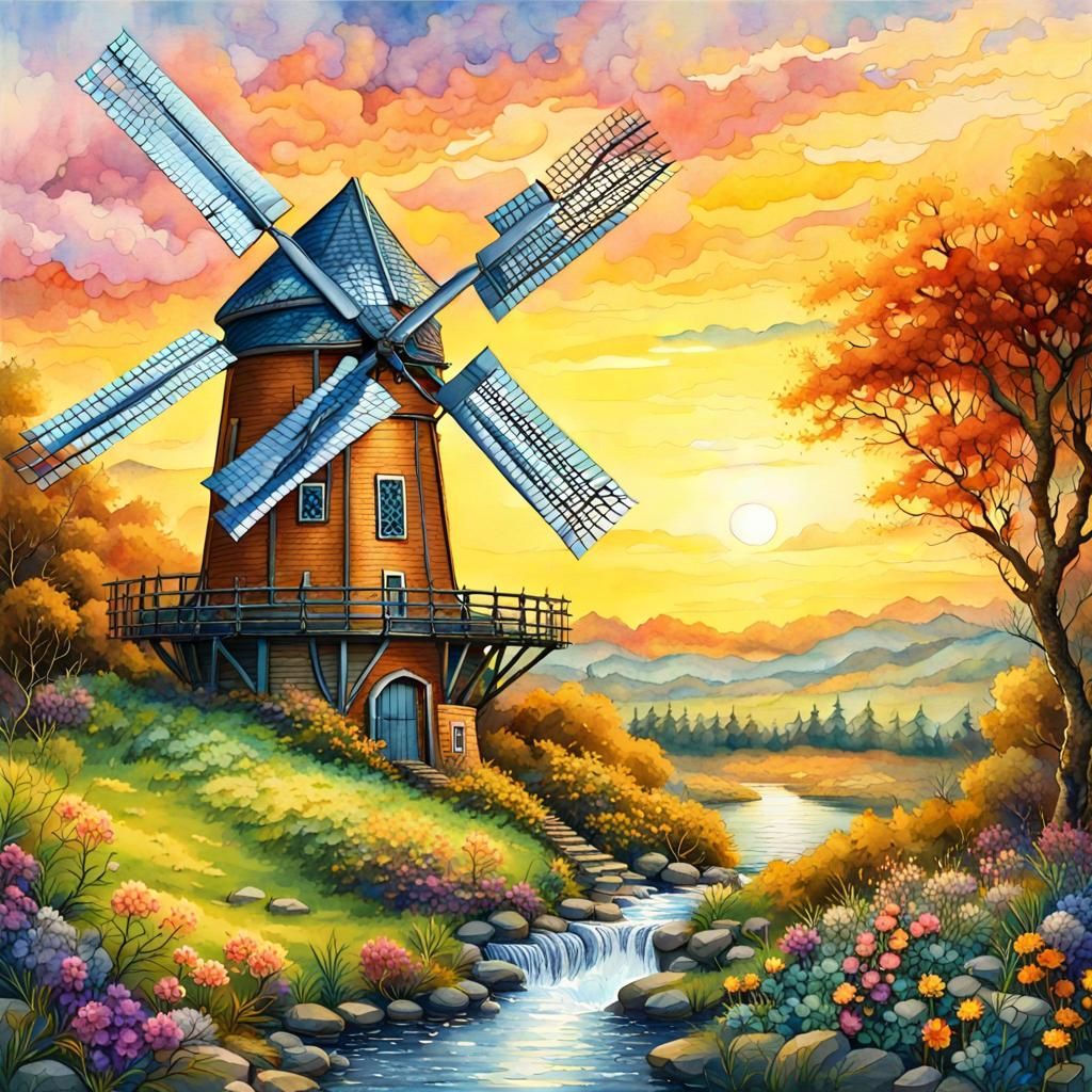 Lush Summer Landscape Windmill in Watercolor Style
