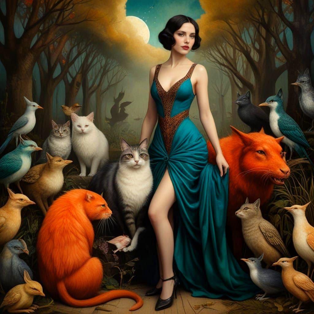 Whimsical Gothic Lady in Vibrant Triadic Colors