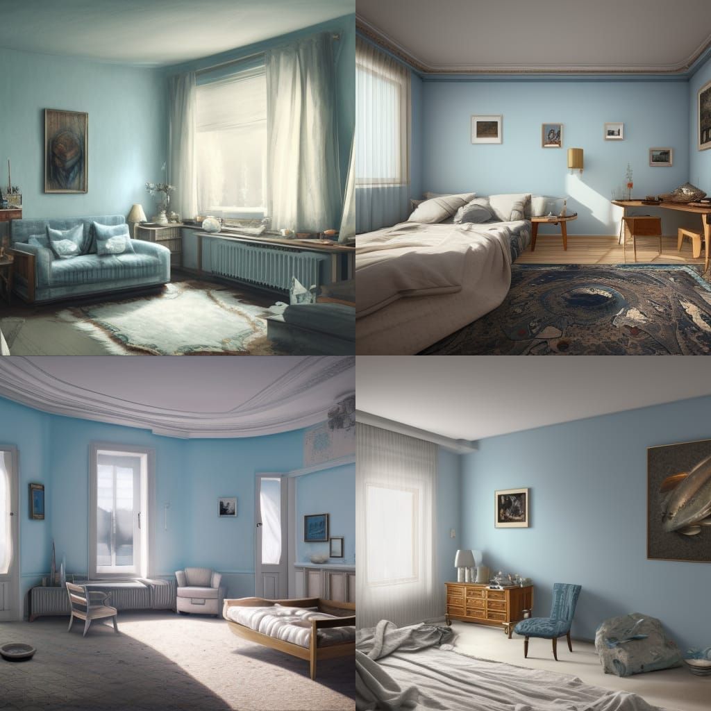 living room, pale blue walls, with white accents, pictures o...
