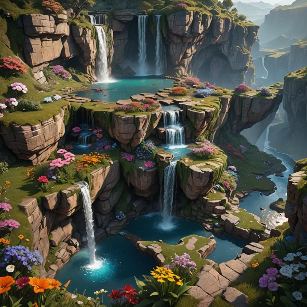 Cliffside Flower Field with Waterfall in Unreal Engine 5