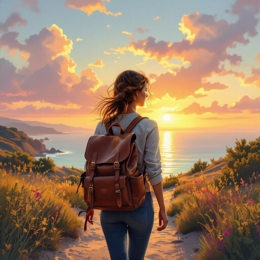 Young Woman Embarks on Journey to Sun-Drenched Horizon