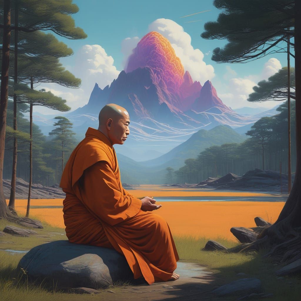 A Contemplative Monk in a Vibrant Aura of Swirling Colors