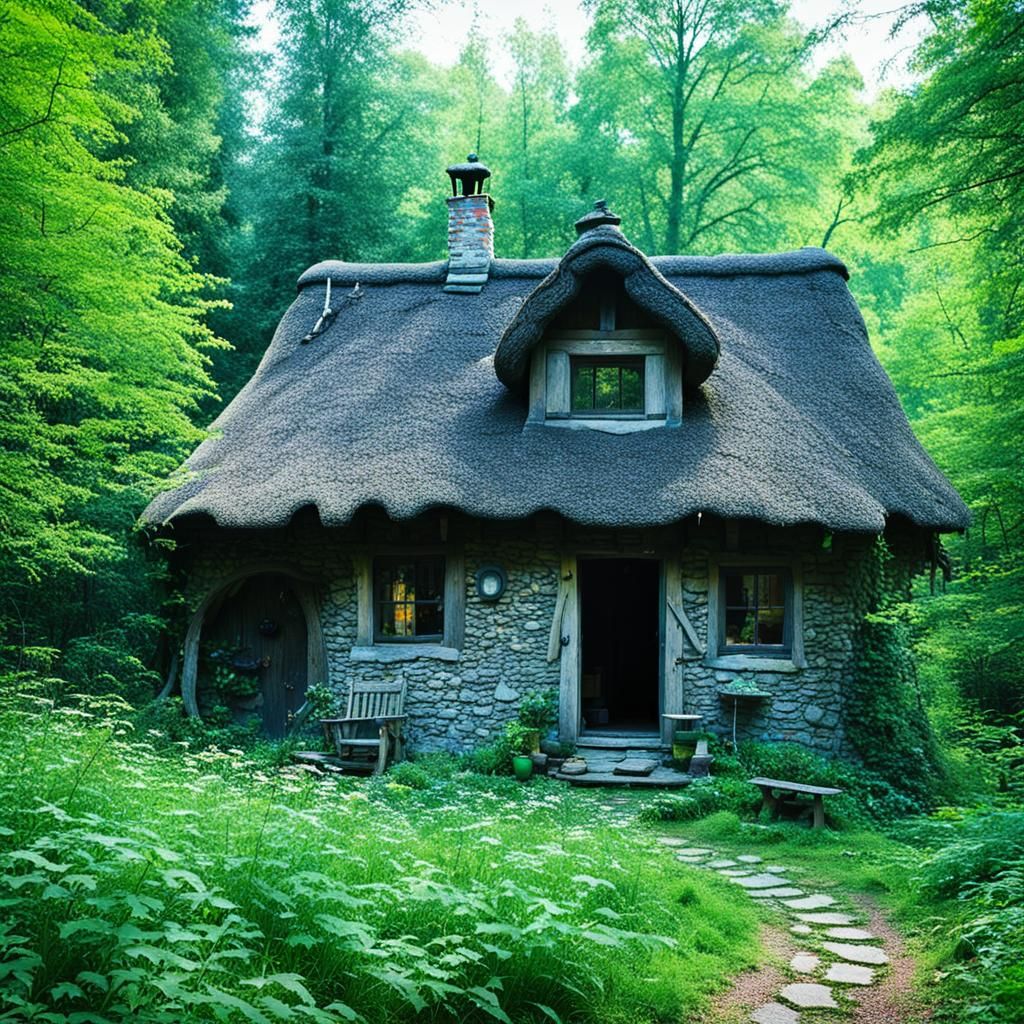 enchanted cottage in a forest with ancient neighbors
