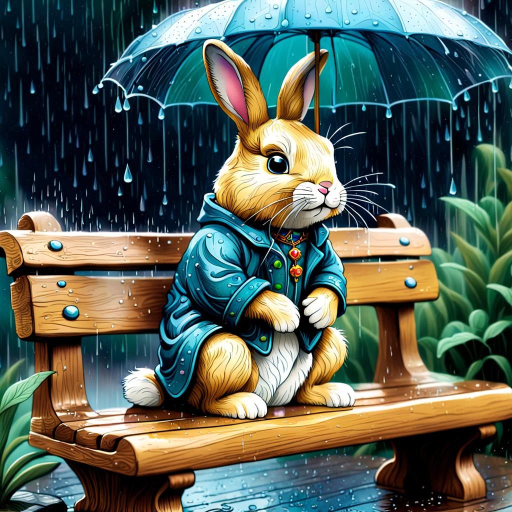 The owner threw away the toy bunny, the bunny was left in the rain, he couldn't get off the bench, he ...  by @Galina Bolshakova