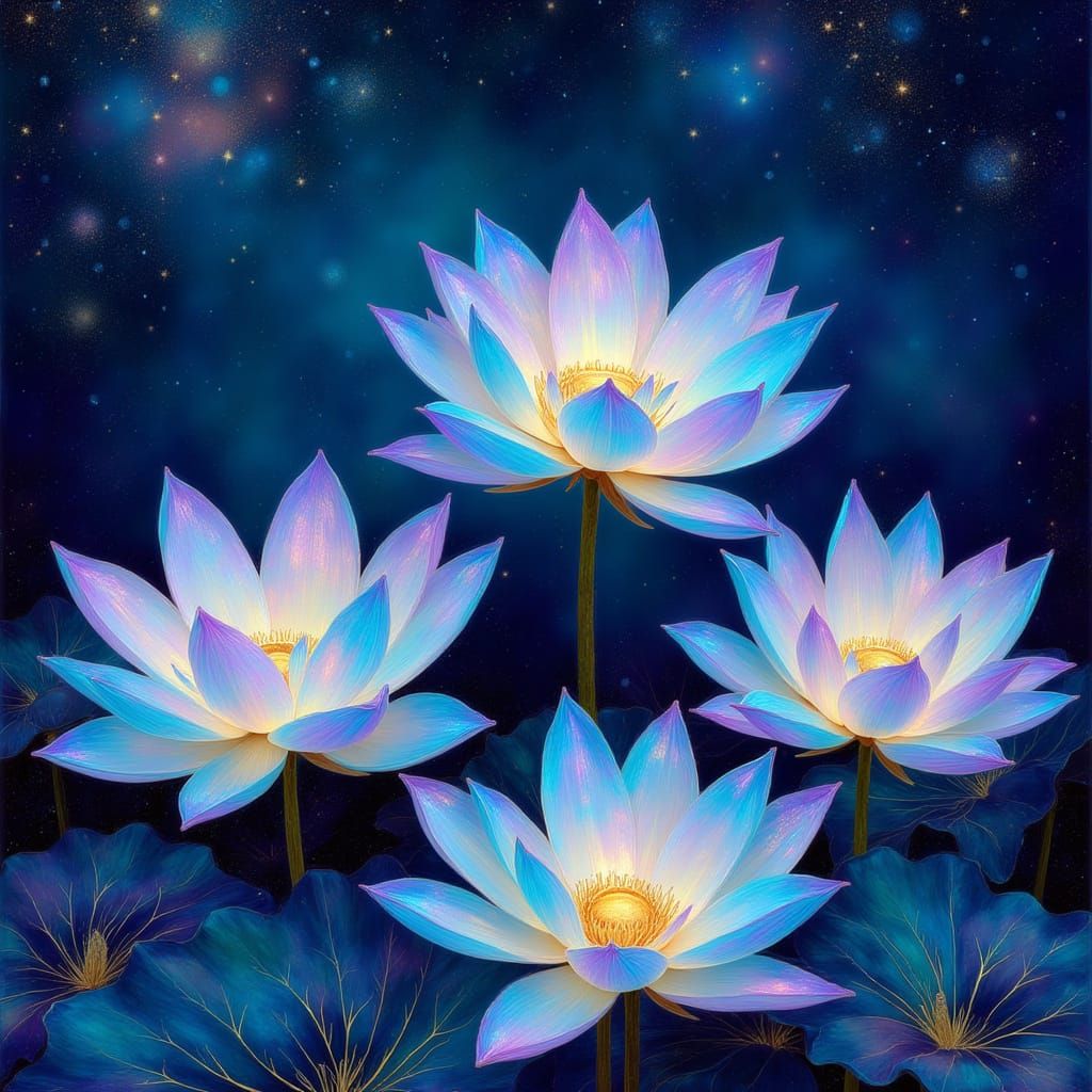 luminous white lotus flowers at night under the starry sky, <lora:Iridescence:0.7> iridescent brushstrokes, very dreamy, broken glass effect...