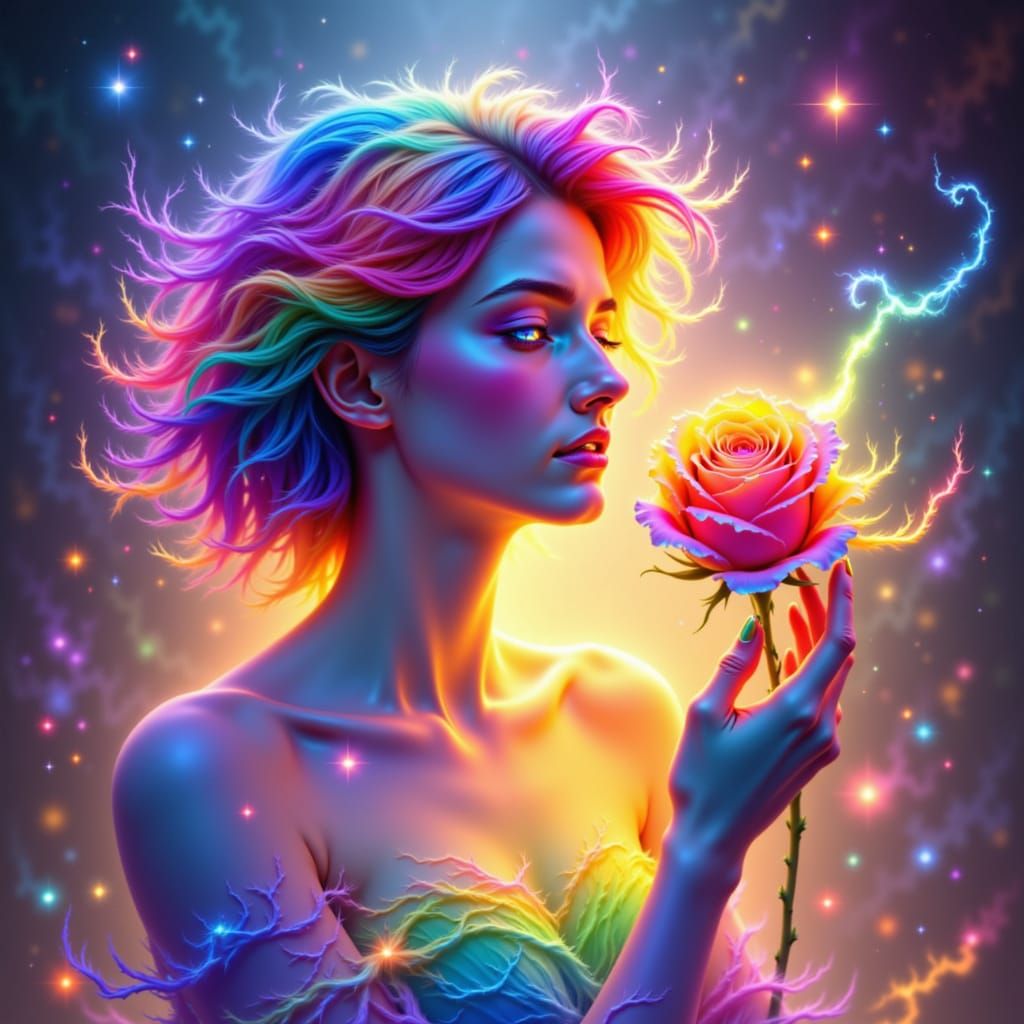 colorfull rainbow woman and colorfull rainbow rose of colorfull rainbow fire and colorfull rainbow fog . <lora:The Rainbow of Red:1.0>