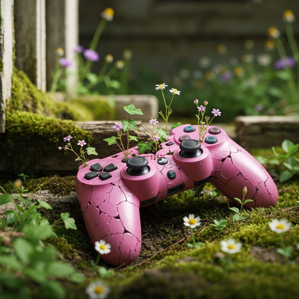 Daily Challenge #1034: Plants in Hidden Places, Flowers sprouting from the inside of a PS controller  by @Mystienight