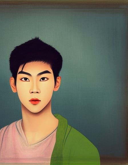 young asian male, large eyes, artist's painting, portrait, z...