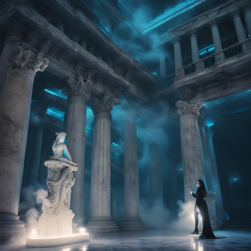 intense blue neon light. giant ocean waves. smoke. intense w...