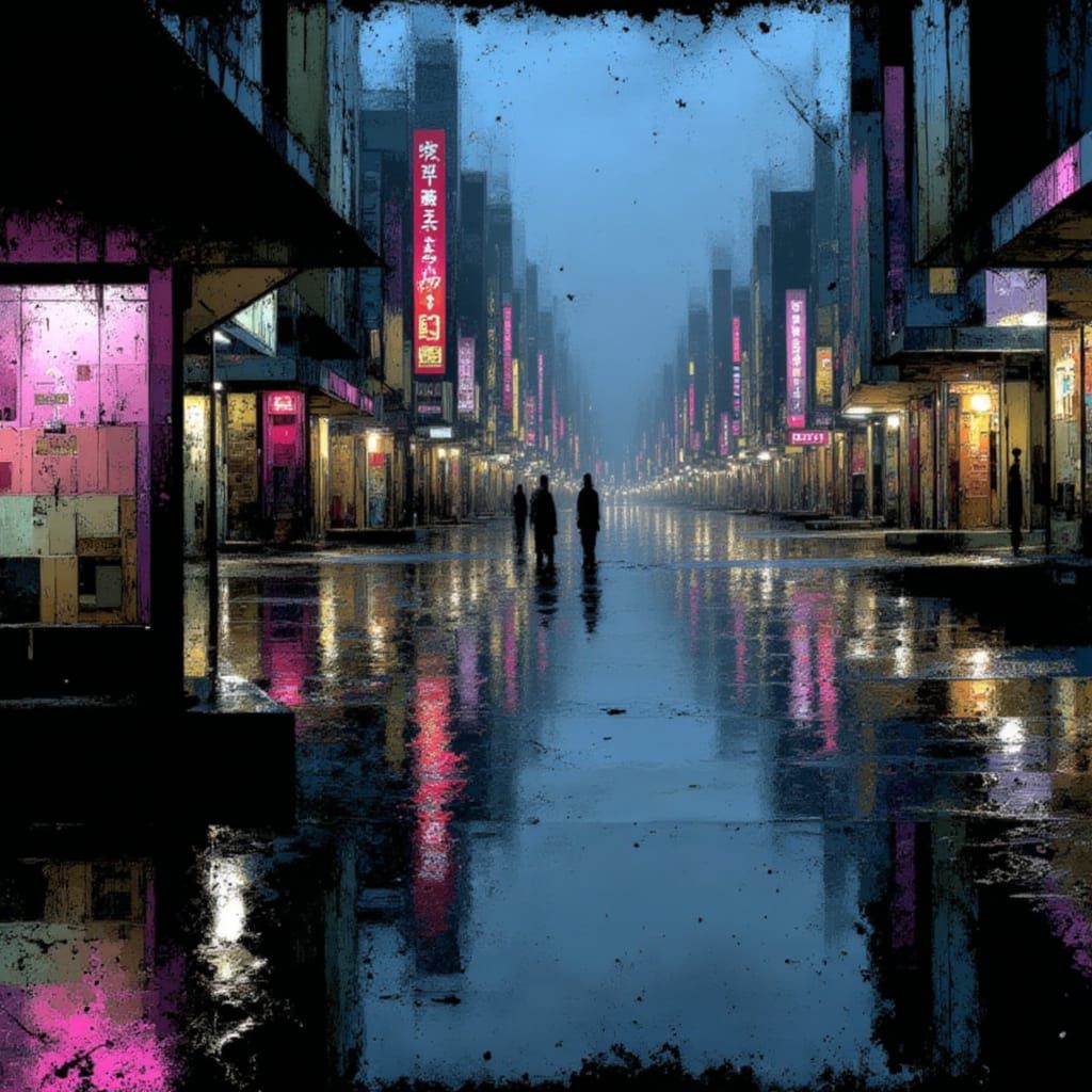 Imagine in the style of <lora:Imagine:1.5> A dystopian cyberpunk street scene, full of holograms, graffiti, and rain-slicked neon signs.