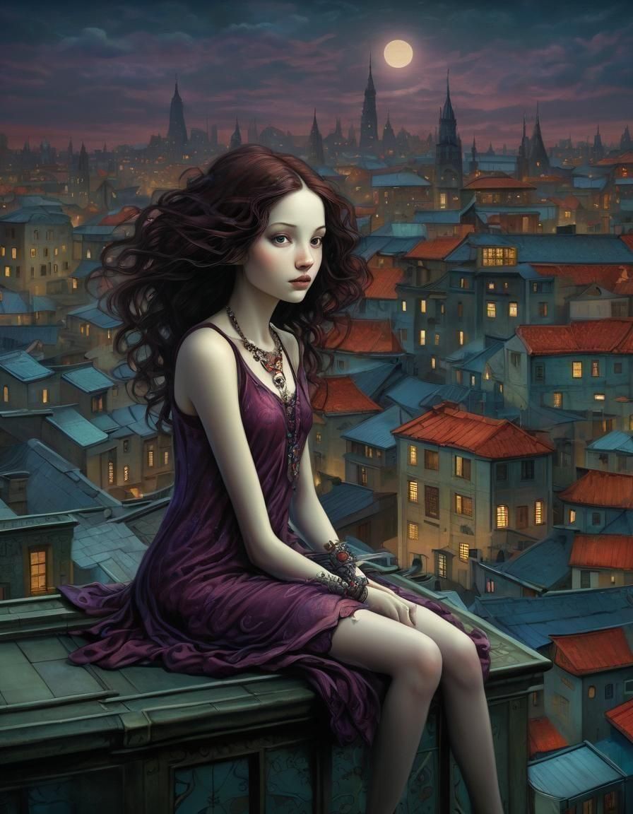 portrait, (jewel tones dreamy somnambulist), rooftop, light dust, concept art, Benjamin Lacombe, dawn  by @somniamea