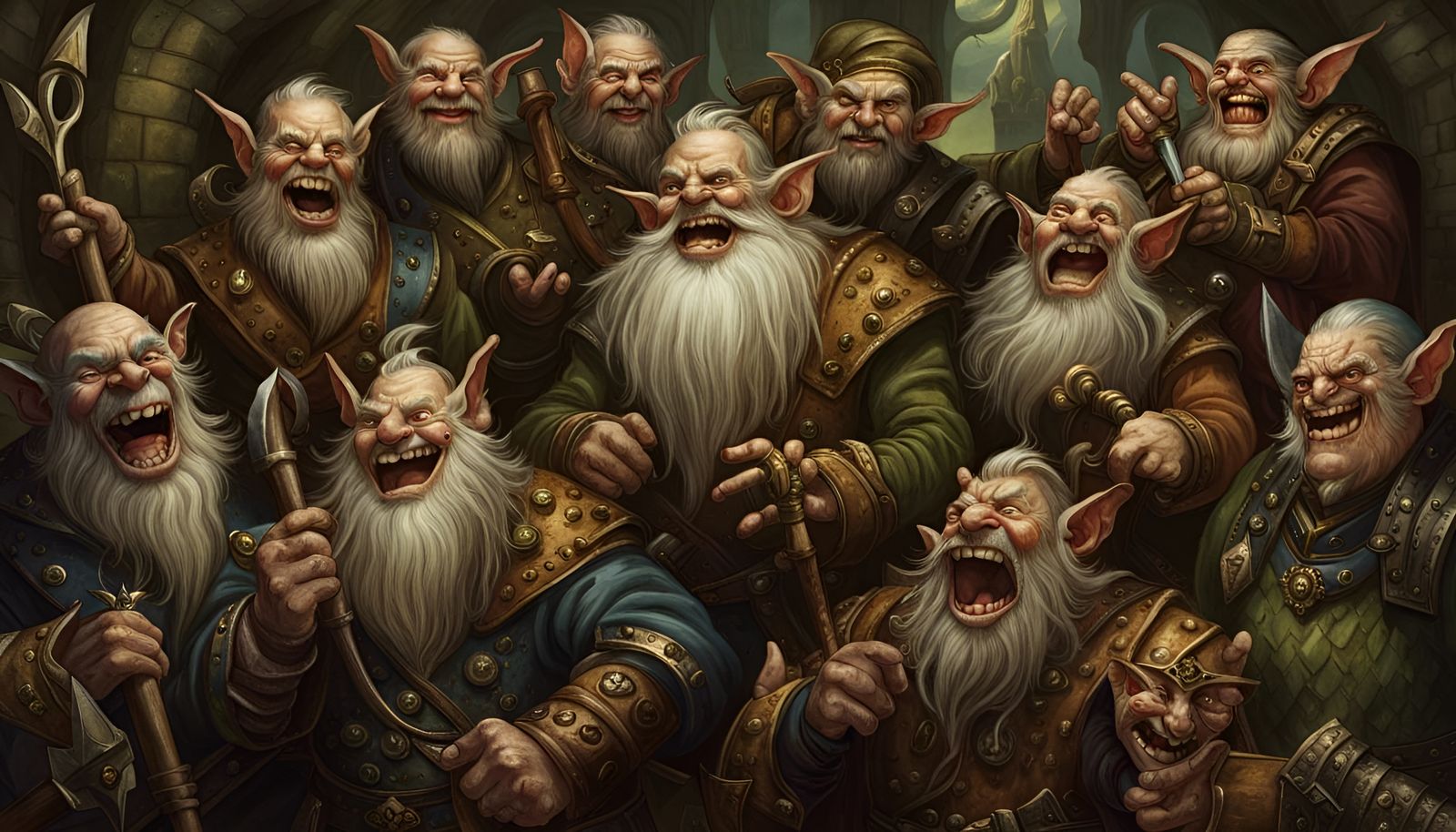grotesque and surreal and very happy dwarves, elves, elves, ...