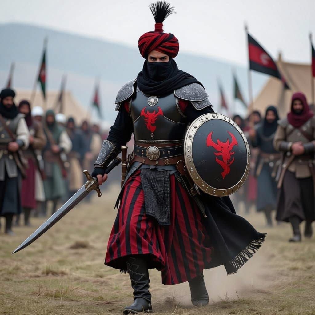 Warrior of the sultan of khand-with arab facial features,a black red striped turban,black scarf covering the lower face,a black leather brea...