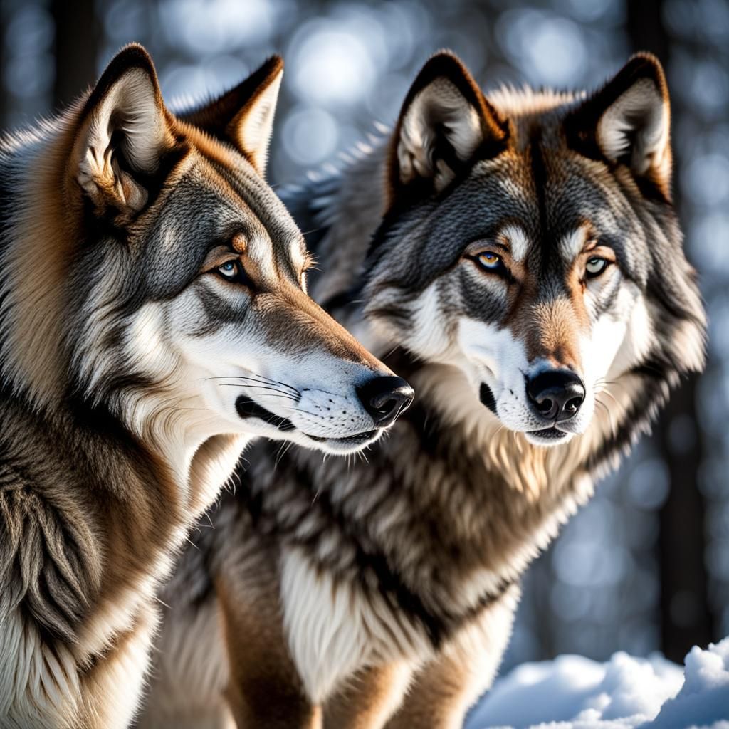 Beautiful Pair Of Timber Wolves In Snow - Ai Generated Artwork 