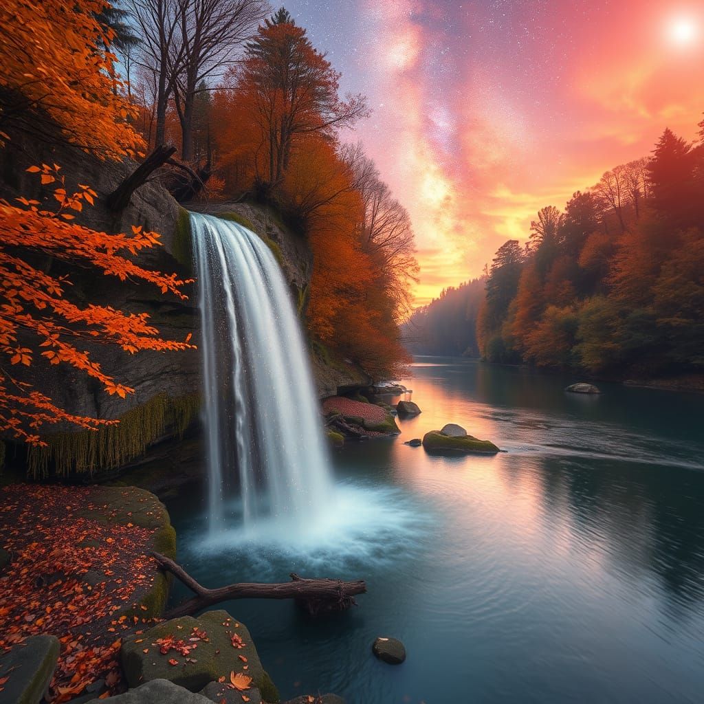 an autumn forest, a waterfall 