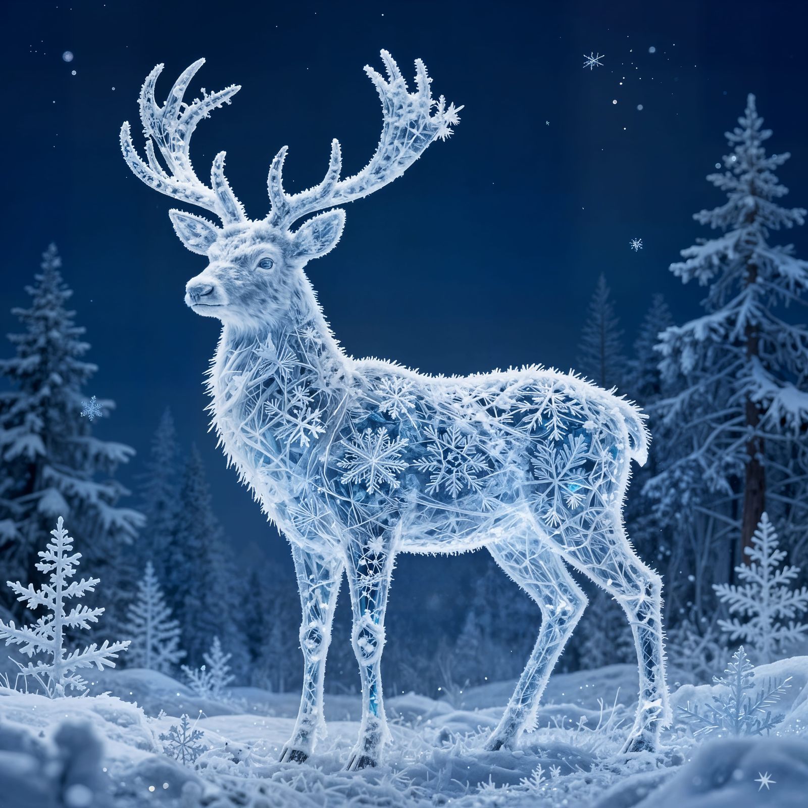 A majestic stag formed entirely from intricate, interlocking snowflakes, standing in a sile...  by @H