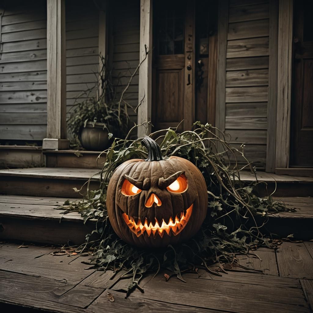 Grotesque Halloween Pumpkin on Eerie Porch