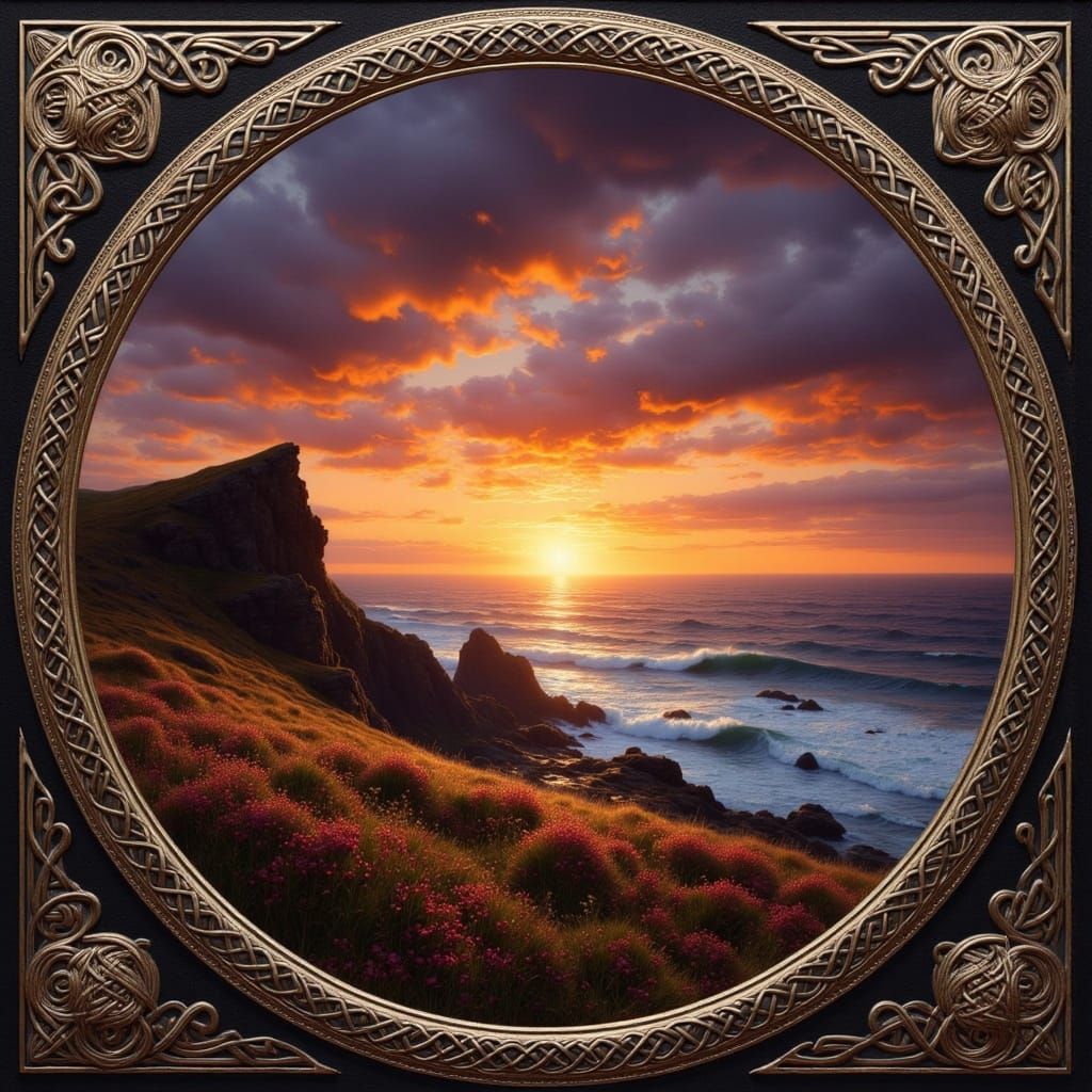 Turbulent Highland Moor Sunset Over Ocean in Folk Art Nouvea...