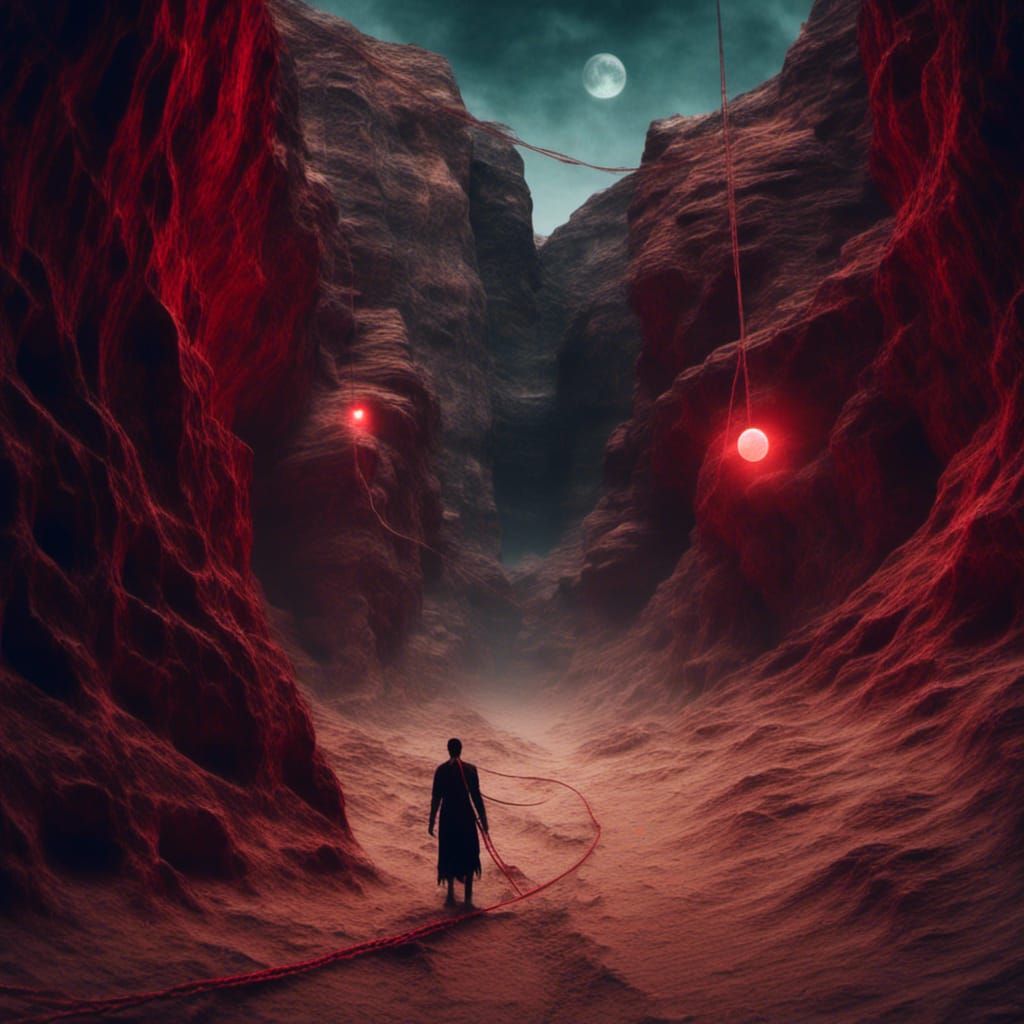 Canyon, sand, desert, red moon, night, shining blue orbs, ph...