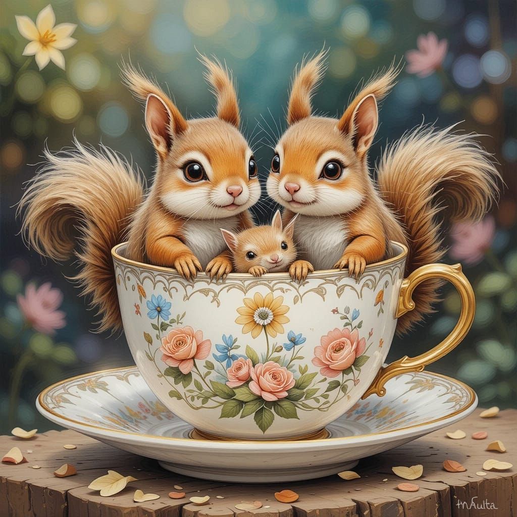Cute family of little Squirrels in a teacup ☕🫖!