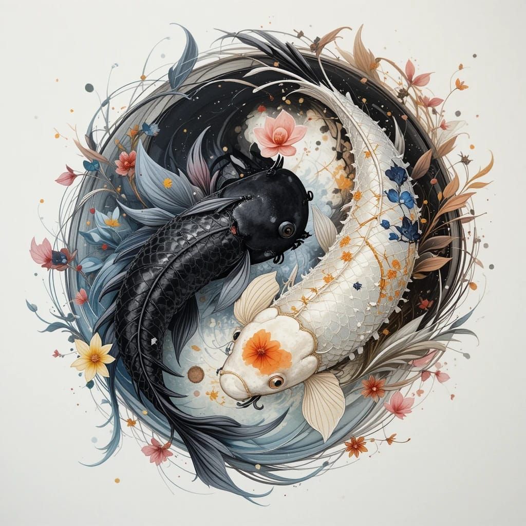 PISCES KOI ZODIAC BLACK AND WHITE