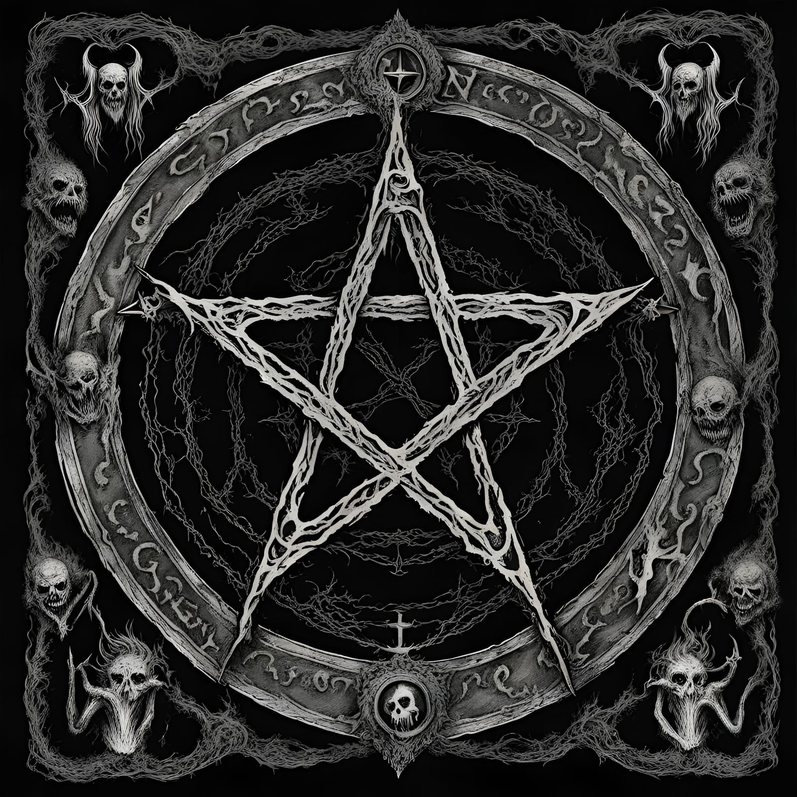 Demon Necronomicon Satanism pentagram,in the style of Creepy...