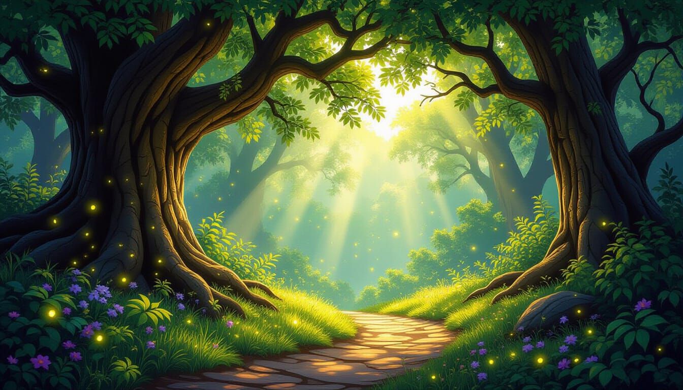 Enchanted Forest Adventure Path with Luminous Light