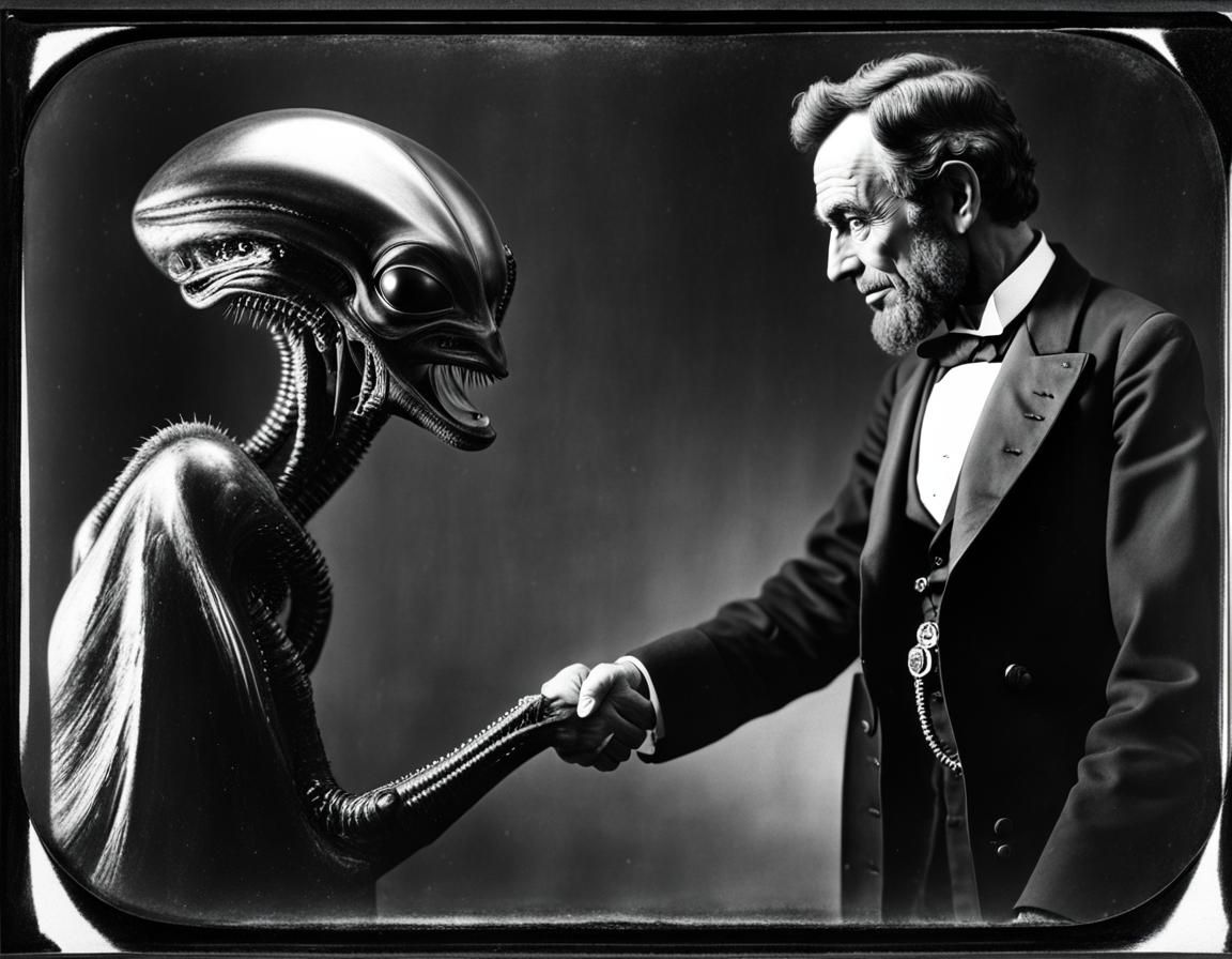 Vintage Photo of Abe Lincoln and an Alien from Zeta Reticuli  by @MagisterLudorum