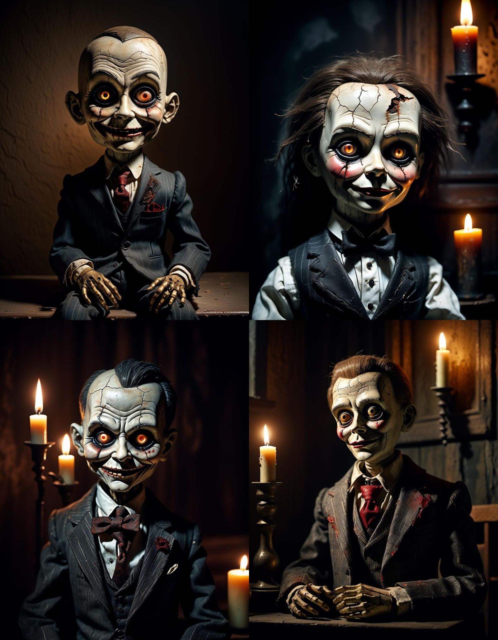 A creepy scene with a cursed ventriloquist doll. It has cracked porcelain skin, dark hollow eyes, and a sinister grin. D...