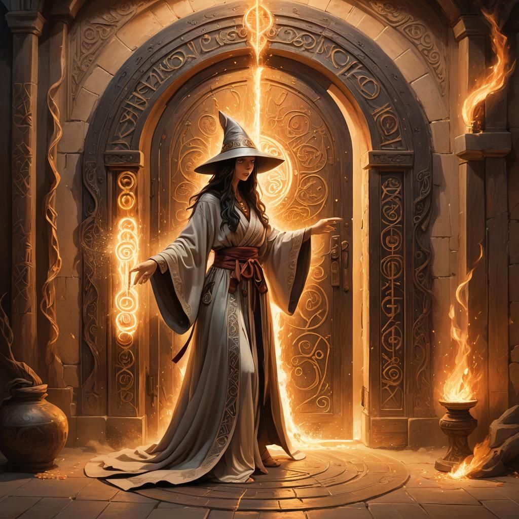 a magical door,  waving  a wand at the door, a ring of fire around door, fantastical, midevil, 