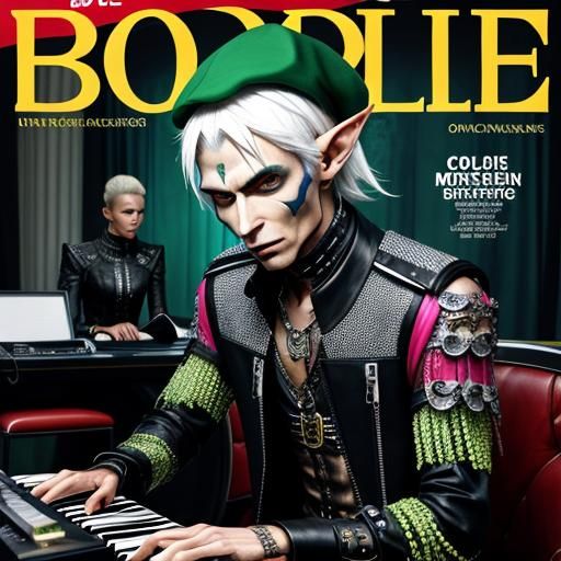Bold music magazine cover featuring an elf playing keyboards