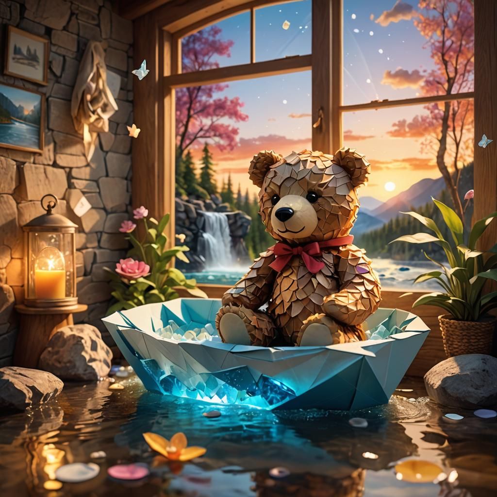 A magical scene of a teddy bear sailing in a tiny boat, inside a cozy bedroom