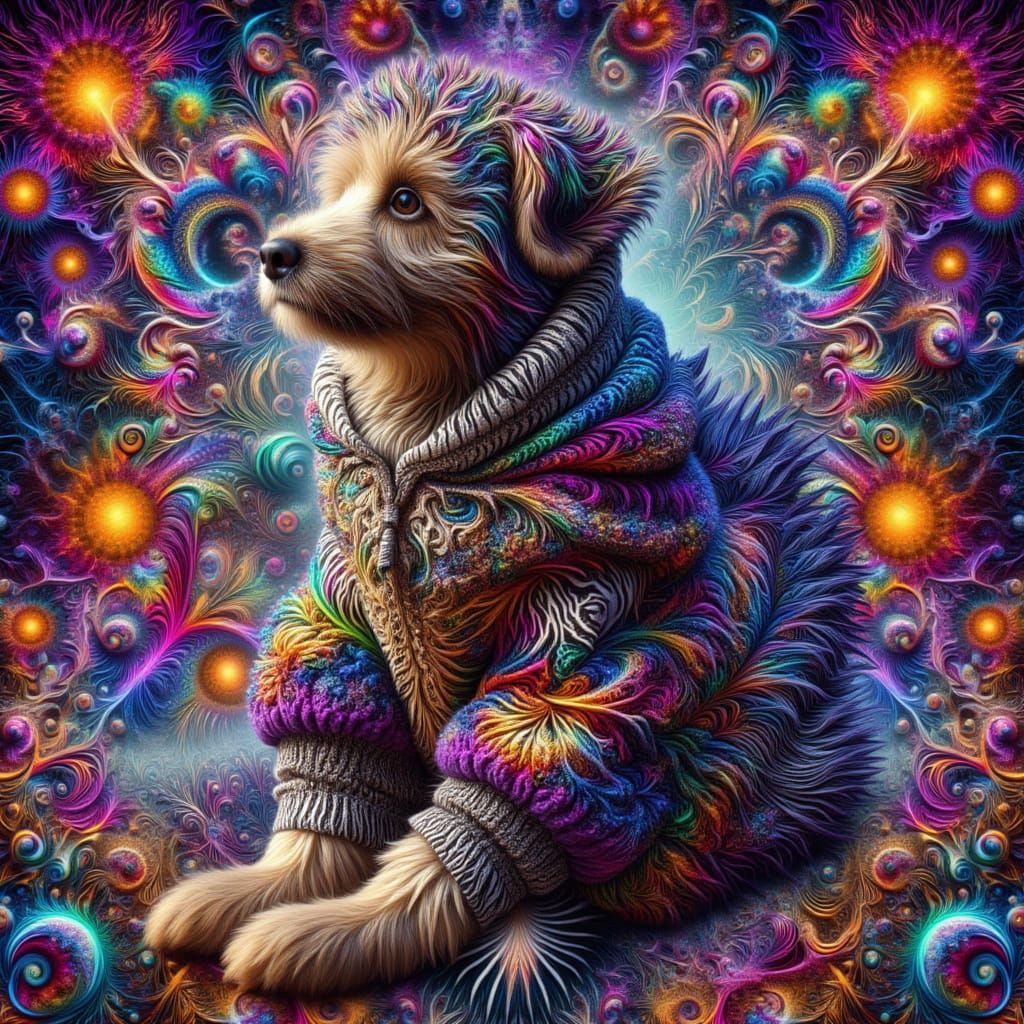 <lora:kkd-fractalcolor:1.0>dog wearing patterned coat, pointy hair, Fractal, surreal, colorful, zebra patterns, swirl
