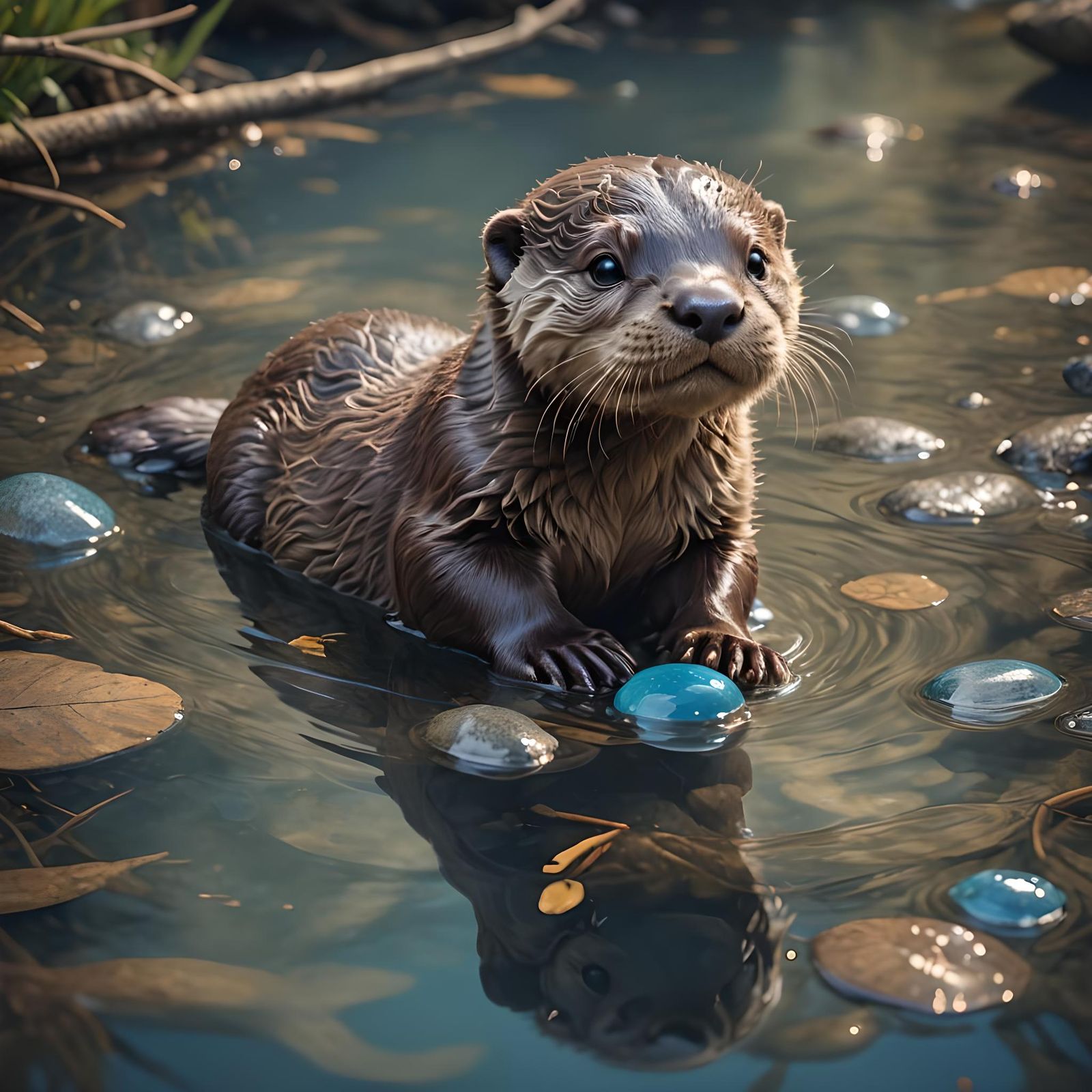 Cute Otter Pup Playing With A Blue Pebble - Ai Generated Artwork 