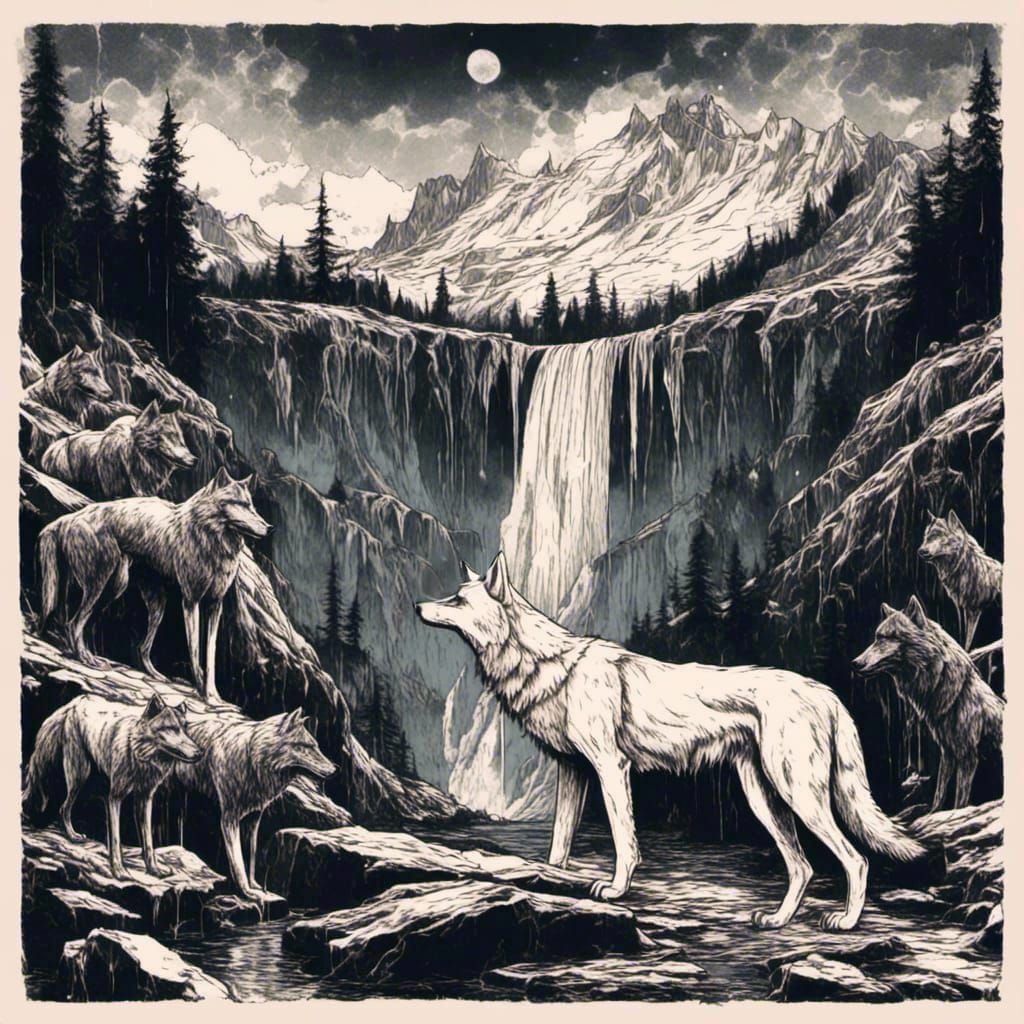 White Wolf Surrounded By Black Wolf Pack & Mountain Scenery - AI ...