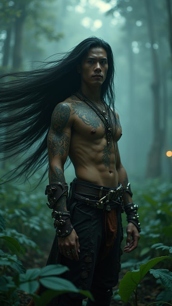 turns around slowly and walks away. His glowing tattoos pulse softly with turquoise bioluminescent light that reflects f...