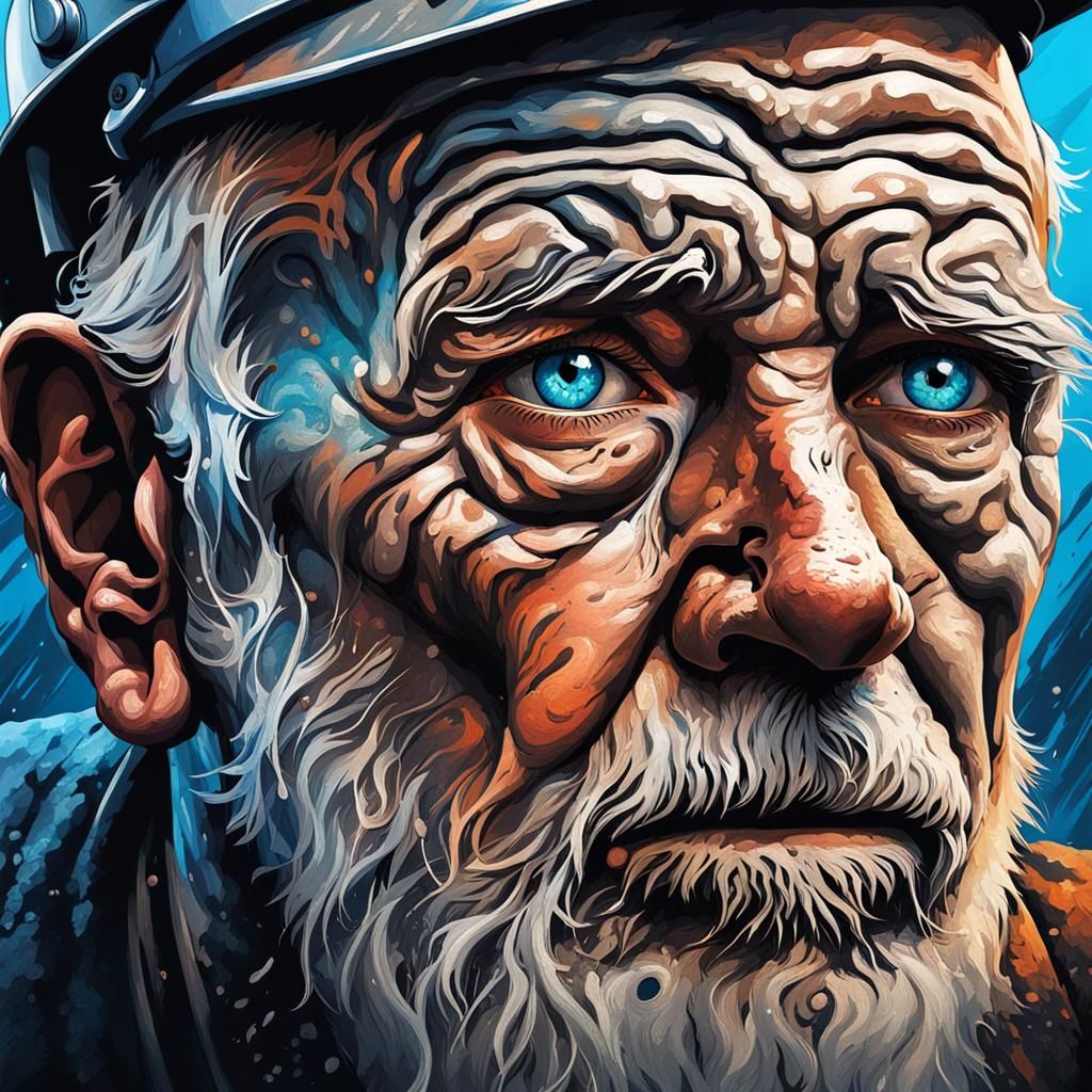 close up of an old mans face, deep lines, coal miner, with b...