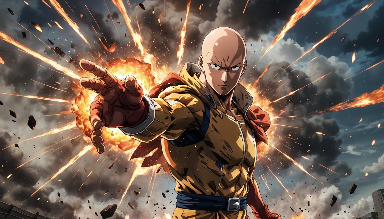 
one punch man saitama, he punches, fire comes out of his hand, the sky splits in two