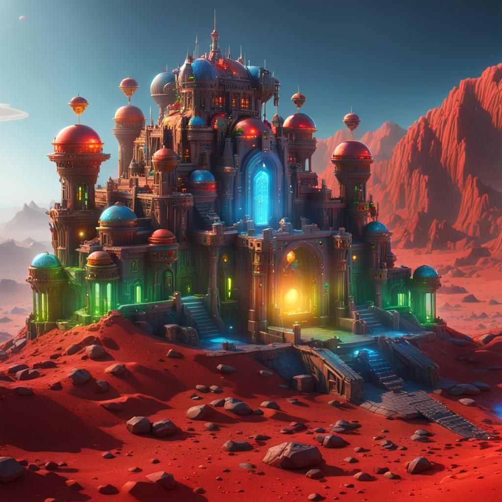 Beautiful martian castle with coloful jewels red, blue, gree...