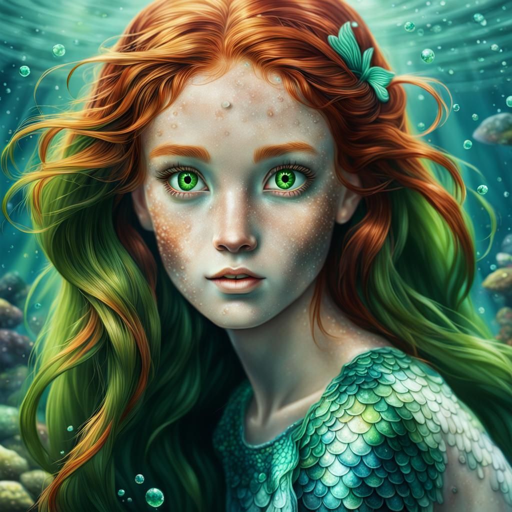 A female redhead mermaid with green eyes and freckles
