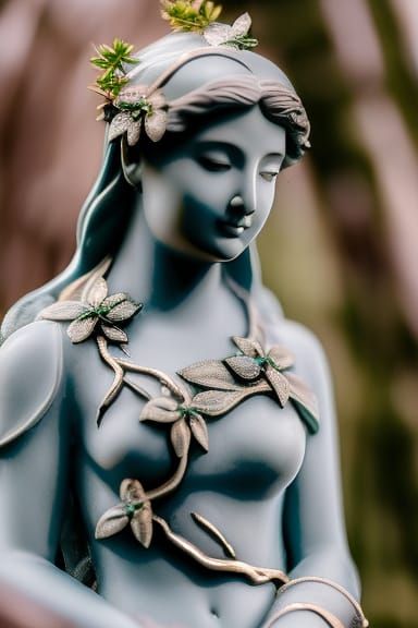 Old grey  stone gothic Fairy statue covered in vines