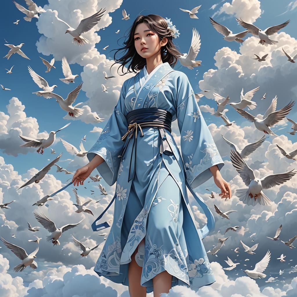 Beautiful Japanese women in full pale blue outfit, standing ...