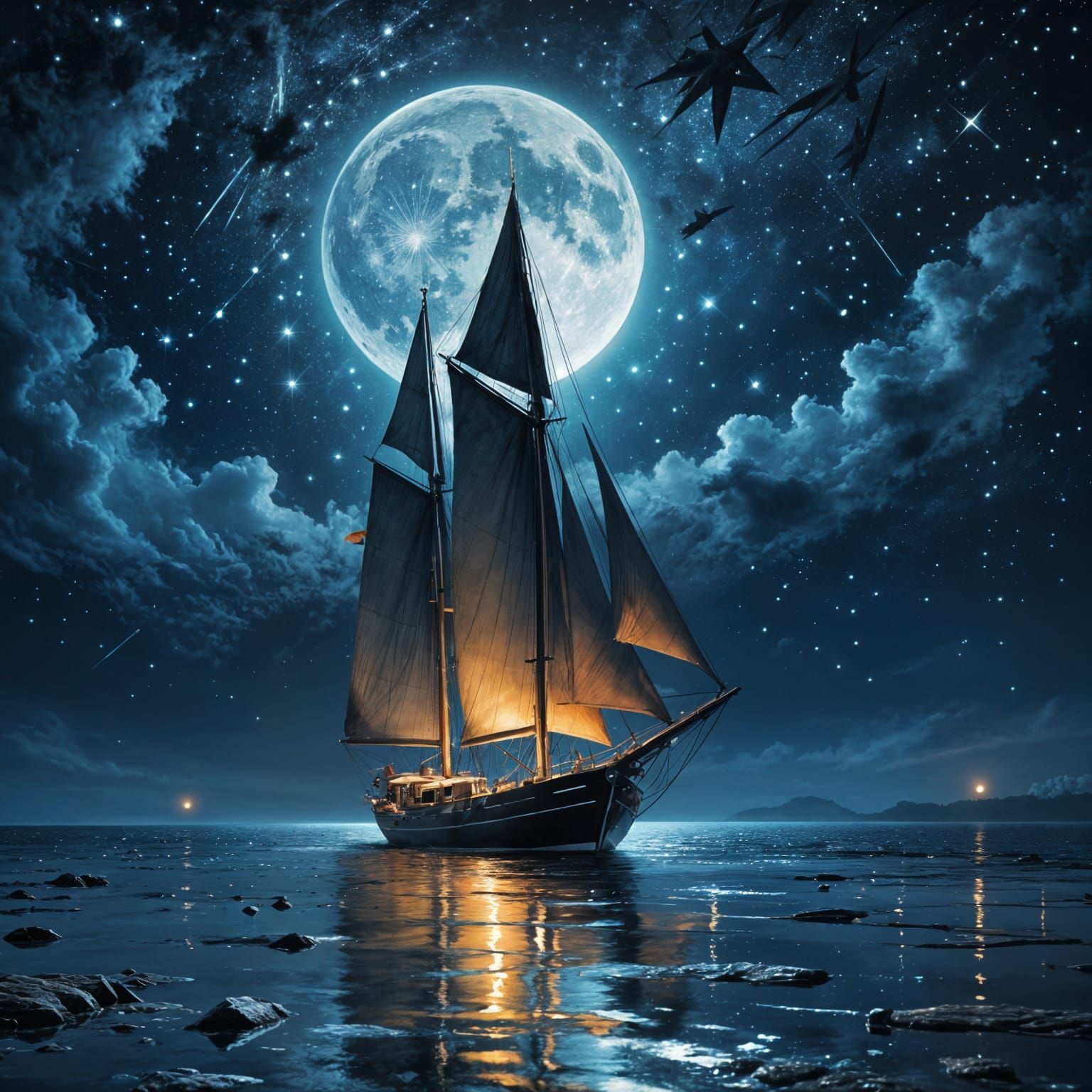 Silver Moonlit Sailboat in Impressionist Style