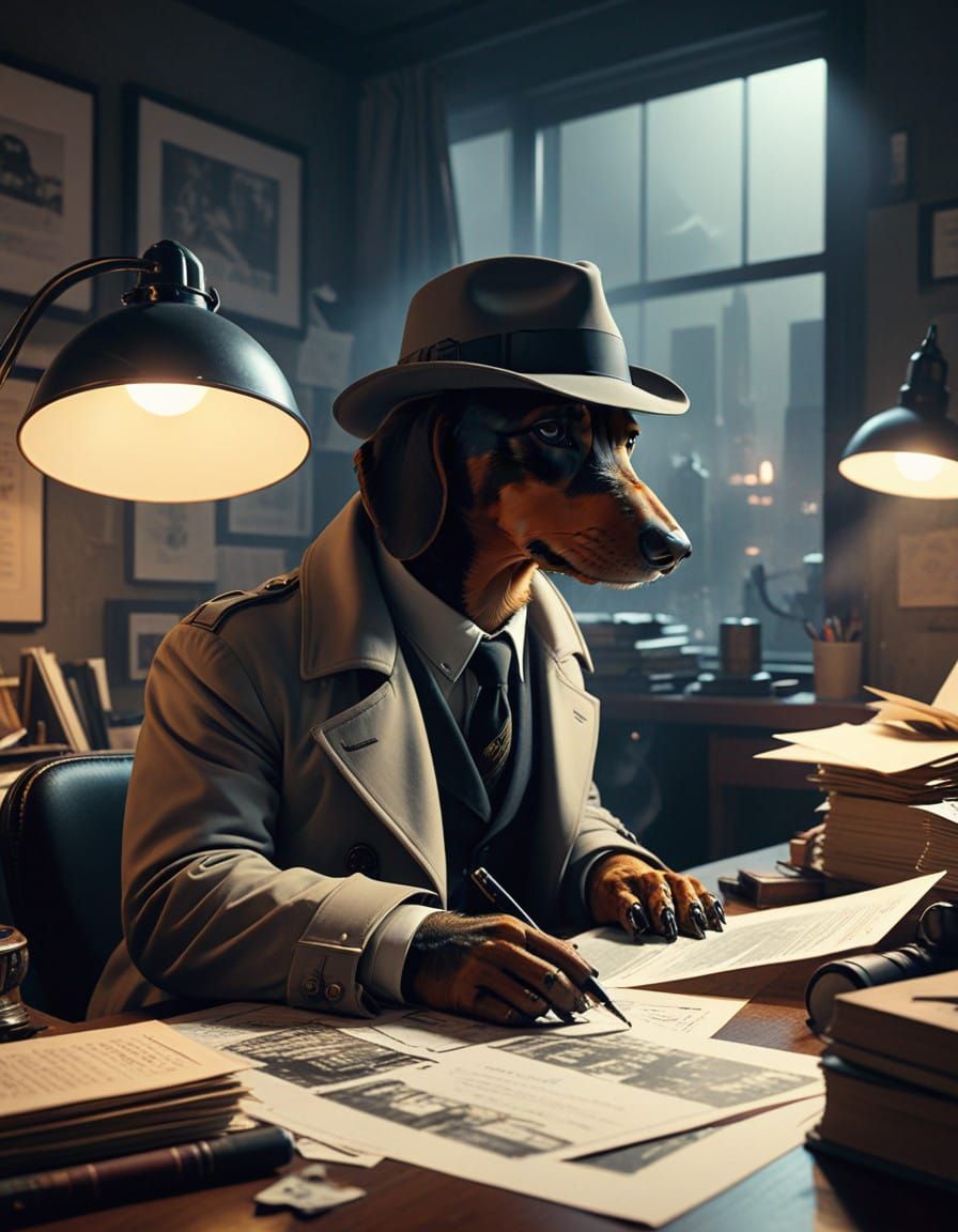 A dachshund detective solving a mystery in a noir-inspired office, paw on the case!  by @Ankh