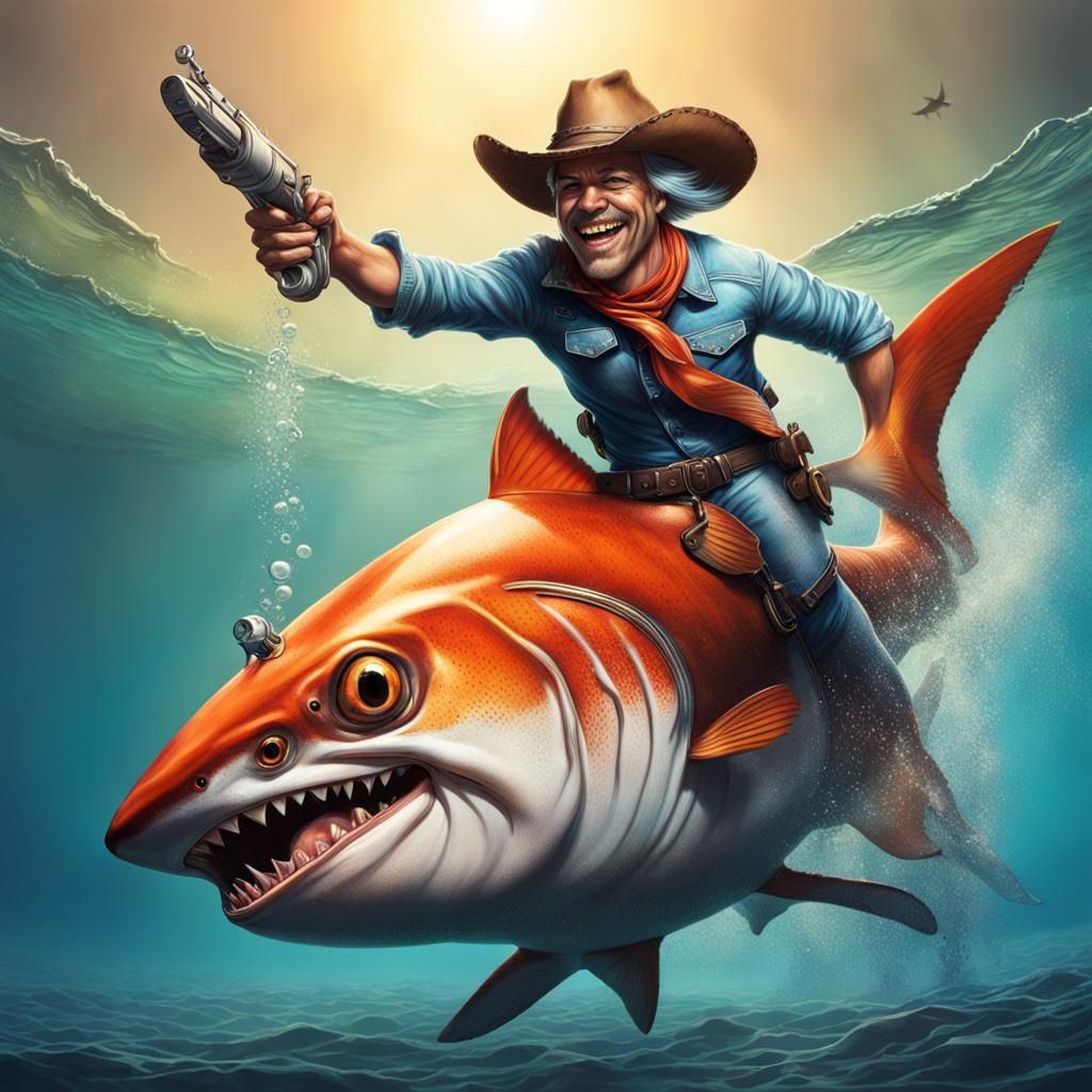 a cowboy nemo fish riding a shark.